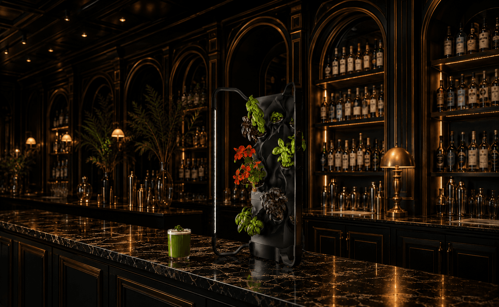Raiz indoor farm displayed in an elegant hotel bar